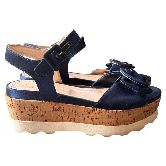 Raphael Handmade Navy Blue Satin Cork Platform Sandals woman's size‎ 40 (US 9.5) - Picture 1 of 4
